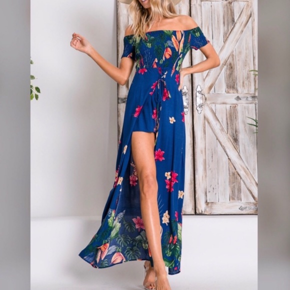 <LAST>Bold Blue Tropical Print Maxi Romper Dress - Picture 2 of 5